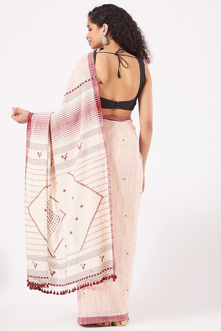 White & WIne Cotton Handwoven Striped Festive Saree by Peeli Kothi at Pernia's Pop Up Shop