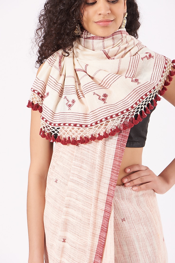 White & WIne Cotton Handwoven Striped Festive Saree by Peeli Kothi at Pernia's Pop Up Shop