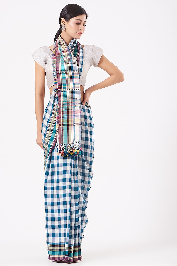 White & Blue Cotton Handwoven Checkered Saree by Peeli Kothi at Pernia's Pop Up Shop