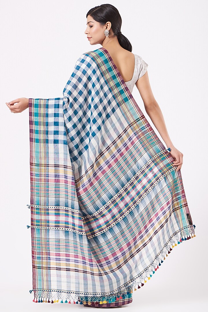 White & Blue Cotton Handwoven Checkered Festive Saree by Peeli Kothi at Pernia's Pop Up Shop
