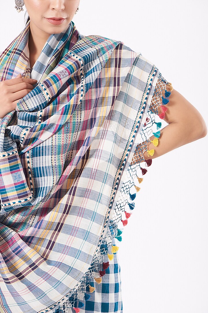 White & Blue Cotton Handwoven Checkered Festive Saree by Peeli Kothi at Pernia's Pop Up Shop