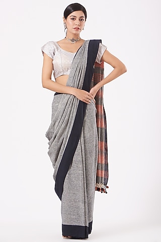 Grey Cotton Saree by Peeli Kothi