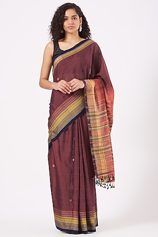 Wine Cotton Handwoven Saree by Peeli Kothi