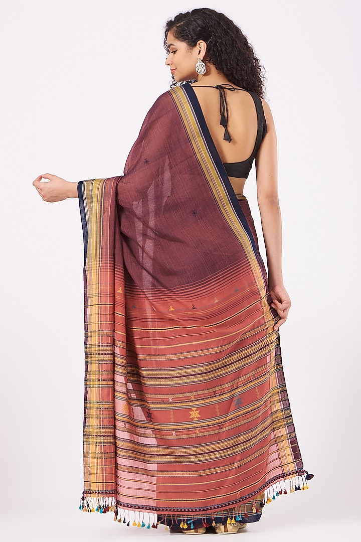 Wine Cotton Handwoven Festive Saree by Peeli Kothi at Pernia's Pop Up Shop