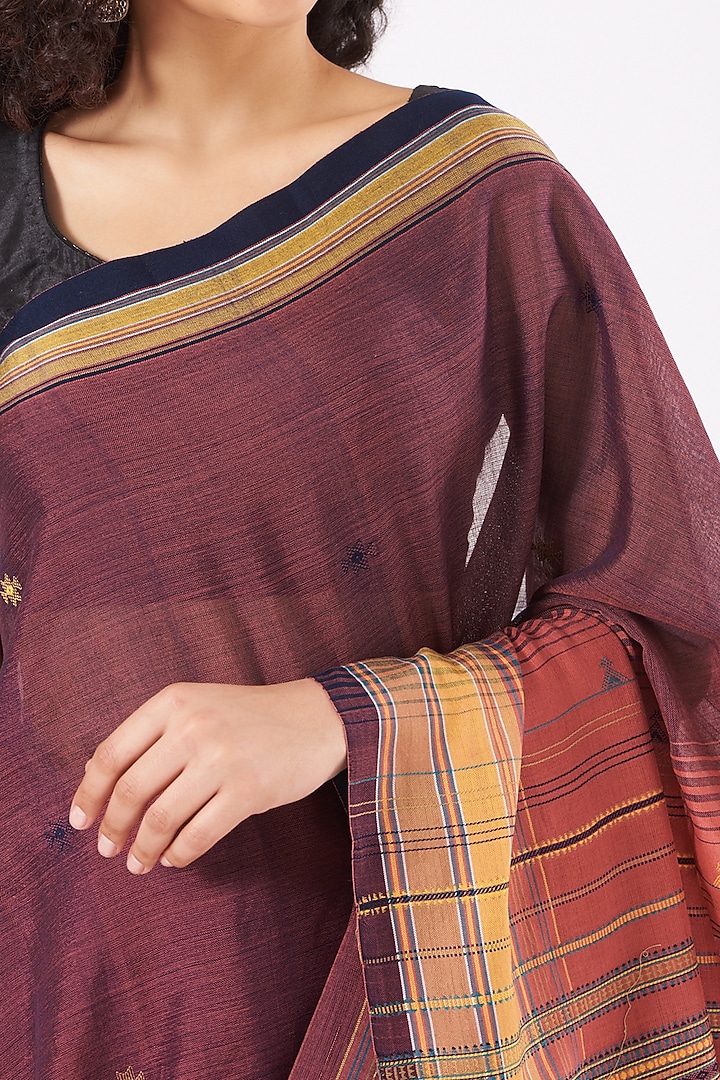 Wine Cotton Handwoven Festive Saree by Peeli Kothi at Pernia's Pop Up Shop