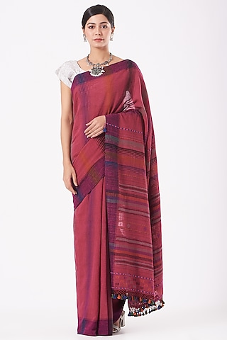Cherry Tomato Cotton Handwoven Saree by Peeli Kothi