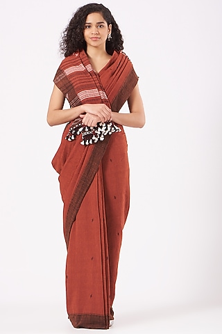 Reddish-Orange Cotton Saree by Peeli Kothi