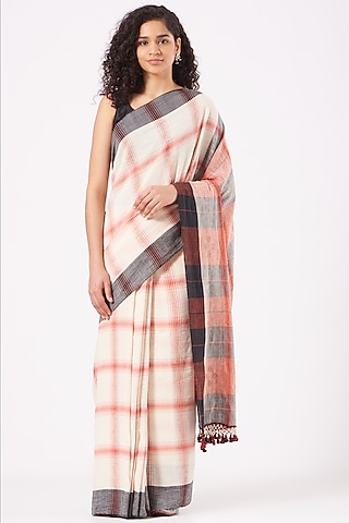 White & Red Cotton Saree by Peeli Kothi