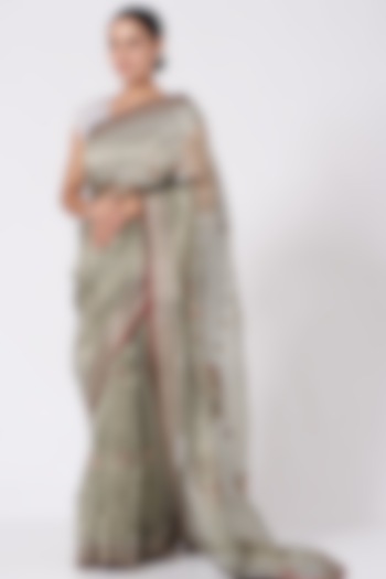 Grey Hand Embroidered Saree Set by Peeli Kothi