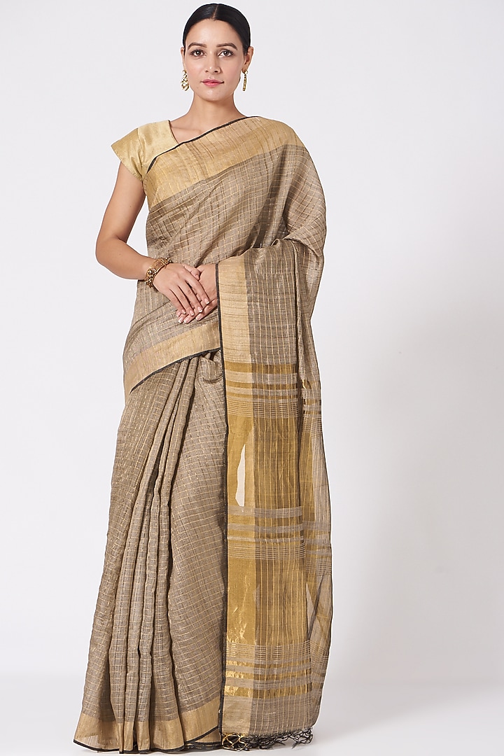 Dark Beige Kosa Silk Festive Saree Set by Peeli Kothi at Pernia's Pop Up Shop