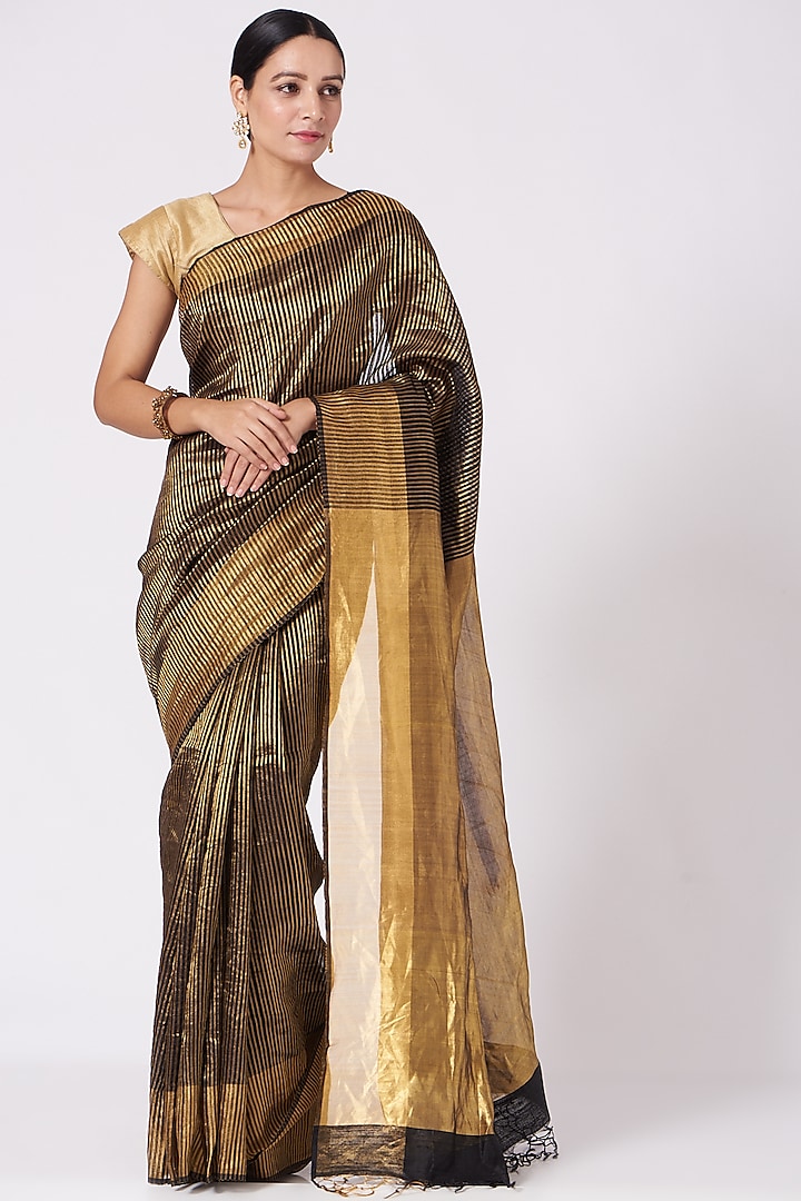 Black Kosa Silk Striped Saree Set by Peeli Kothi