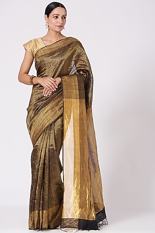 Black Kosa Silk Striped Saree Set by Peeli Kothi