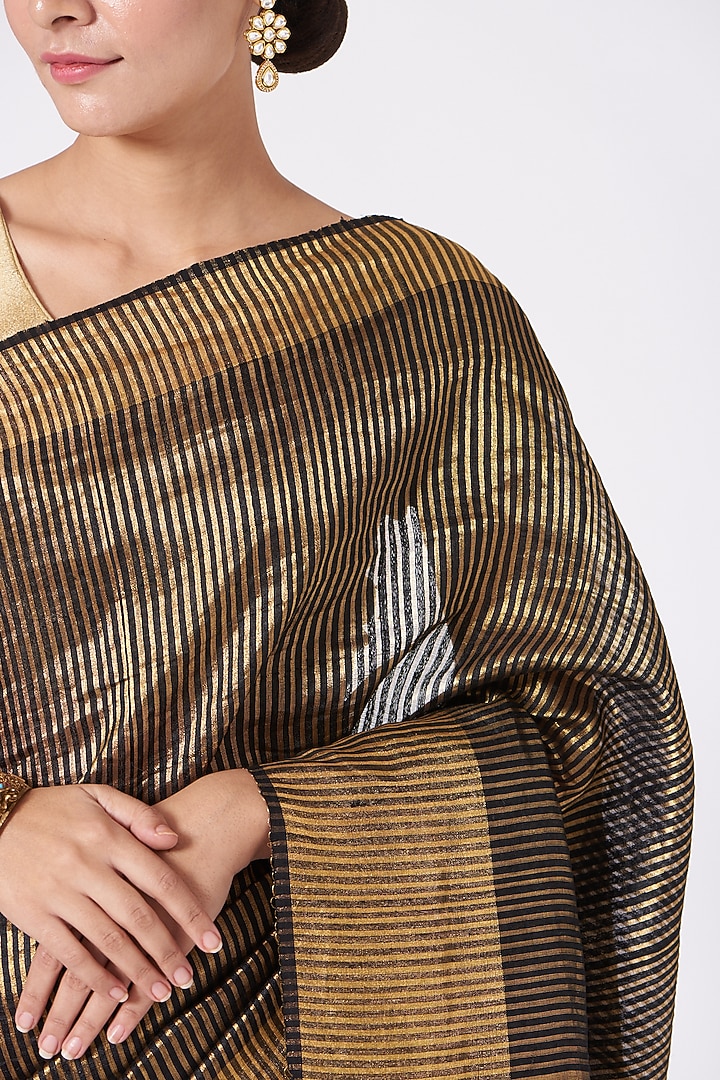 Black Kosa Silk Striped Festive Saree Set by Peeli Kothi at Pernia's Pop Up Shop