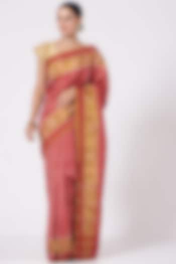 Red Silk Handwoven Ikat Saree Set by Peeli Kothi