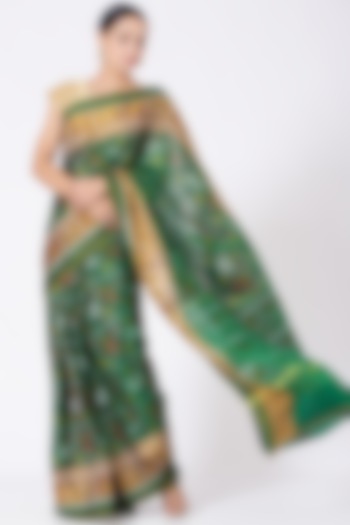 Emerald Green Handwoven Ikat Saree Set by Peeli Kothi