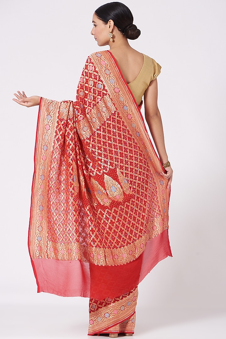 Red & Yellow Handcrafted Bandhani Wedding Saree Set by Peeli Kothi at Pernia's Pop Up Shop