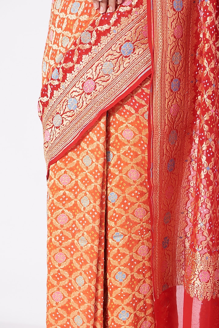 Red & Yellow Handcrafted Bandhani Wedding Saree Set by Peeli Kothi at Pernia's Pop Up Shop