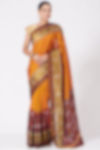 Sunset Yellow Handwoven Ikat Saree Set by Peeli Kothi