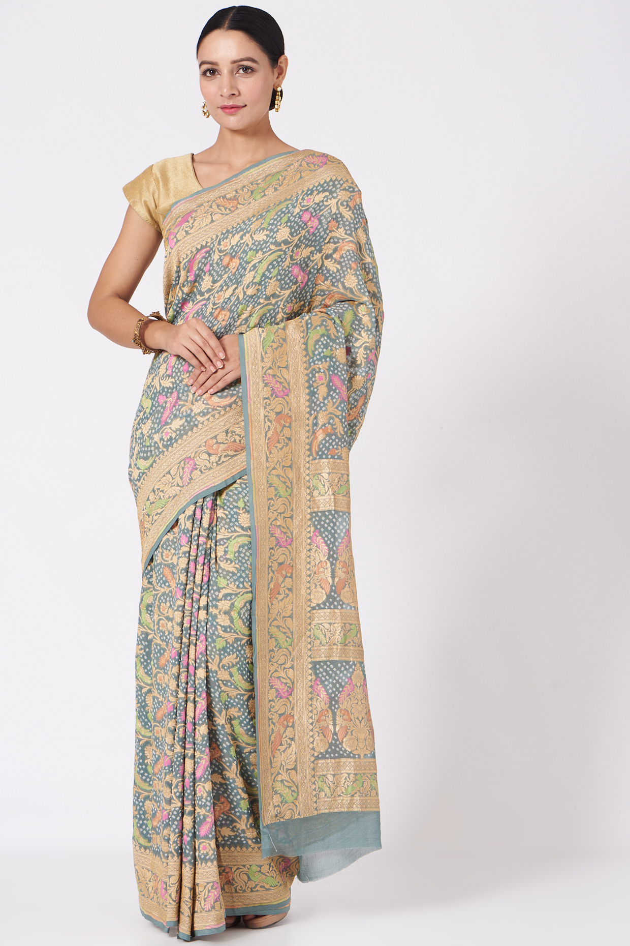 Mint Blue Bandhani Saree Set by Peeli Kothi