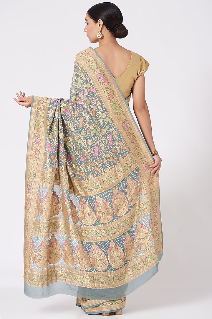 Mint Blue Bandhani Wedding Saree Set by Peeli Kothi at Pernia's Pop Up Shop