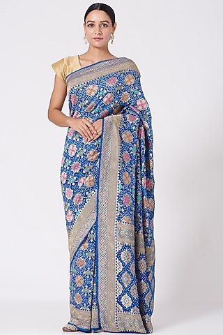 Cobalt Blue Bandhani Saree Set by Peeli Kothi