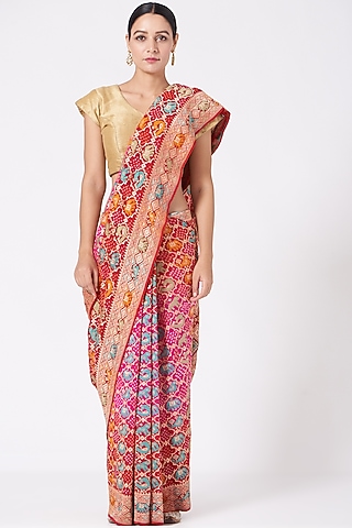 Red & Blush Pink Bandhej Saree Set by Peeli Kothi