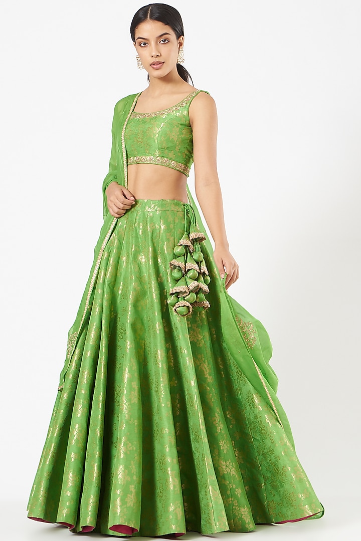 Green Banarasi Silk Lehenga Set by Peenacolada
