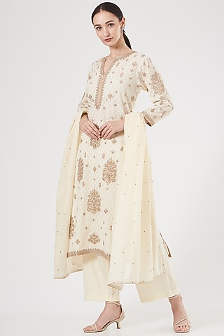 White Jacquard Embroidered Kurta Set by Peenacolada