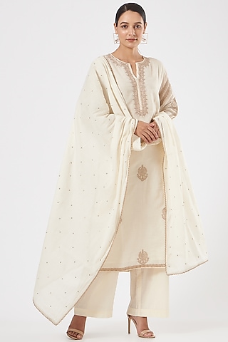 White & Gold Embroidered Kurta Set by Peenacolada