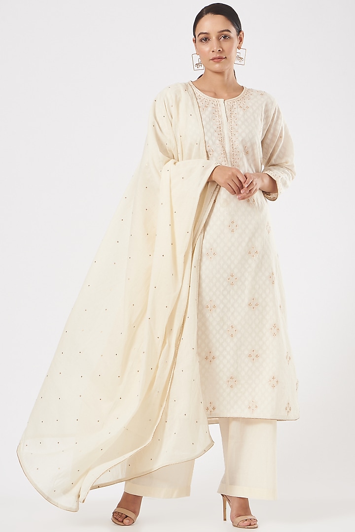 White Cotton Jacquard Kurta Set by Peenacolada at Pernia's Pop Up Shop