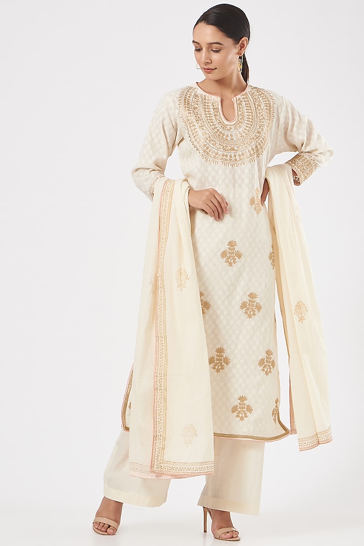 White & Gold Aari Embroidered Kurta Set by Peenacolada