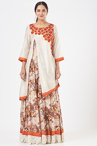 Cream Printed Anarkali With Attached Top by Peenacolada