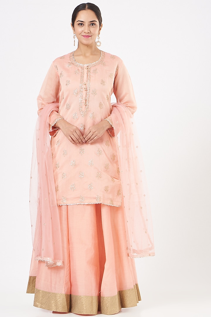 Blush Pink Chanderi Lace Embroidered Lehenga Set by Peenacolada at Pernia's Pop Up Shop