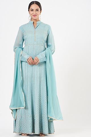 Blush Blue Embroidered Anarkali Set by Peenacolada