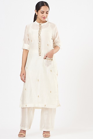 White Embroidered Kurta Set by Peenacolada