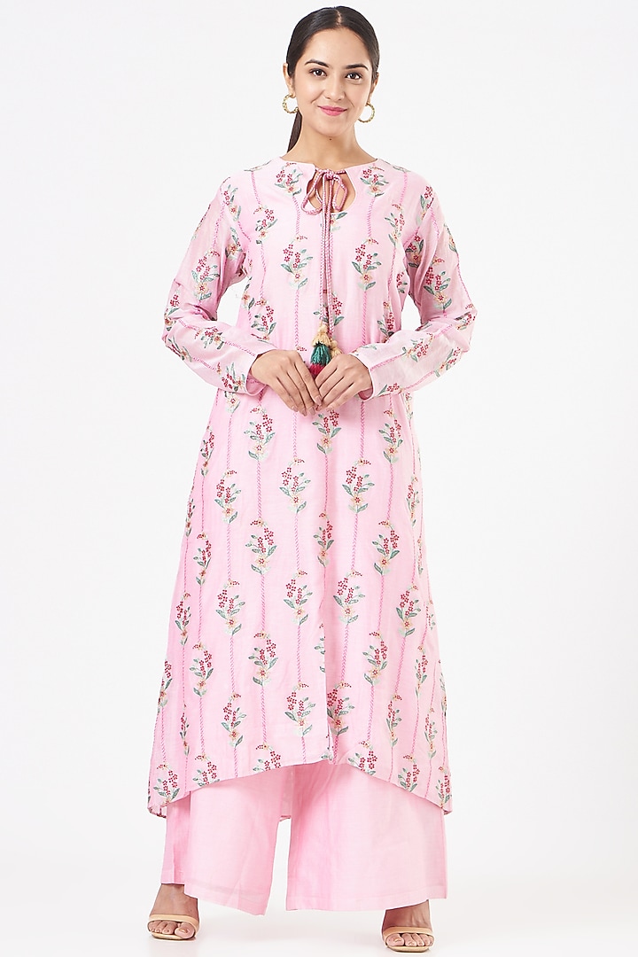 Blush Pink Embroidered A-Line Kurta Set by Peenacolada at Pernia's Pop Up Shop