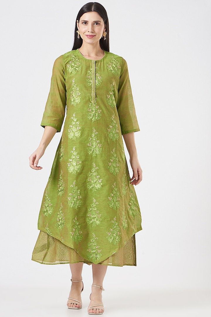 Mehendi Green Printed Kurta With Inner Dress by Peenacolada