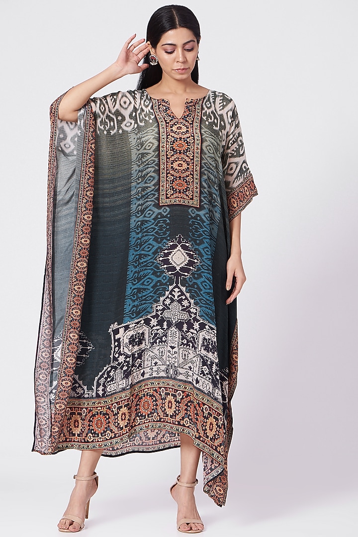 Olive Green & Blue Printed Kaftan by Peenacolada at Pernia's Pop Up Shop