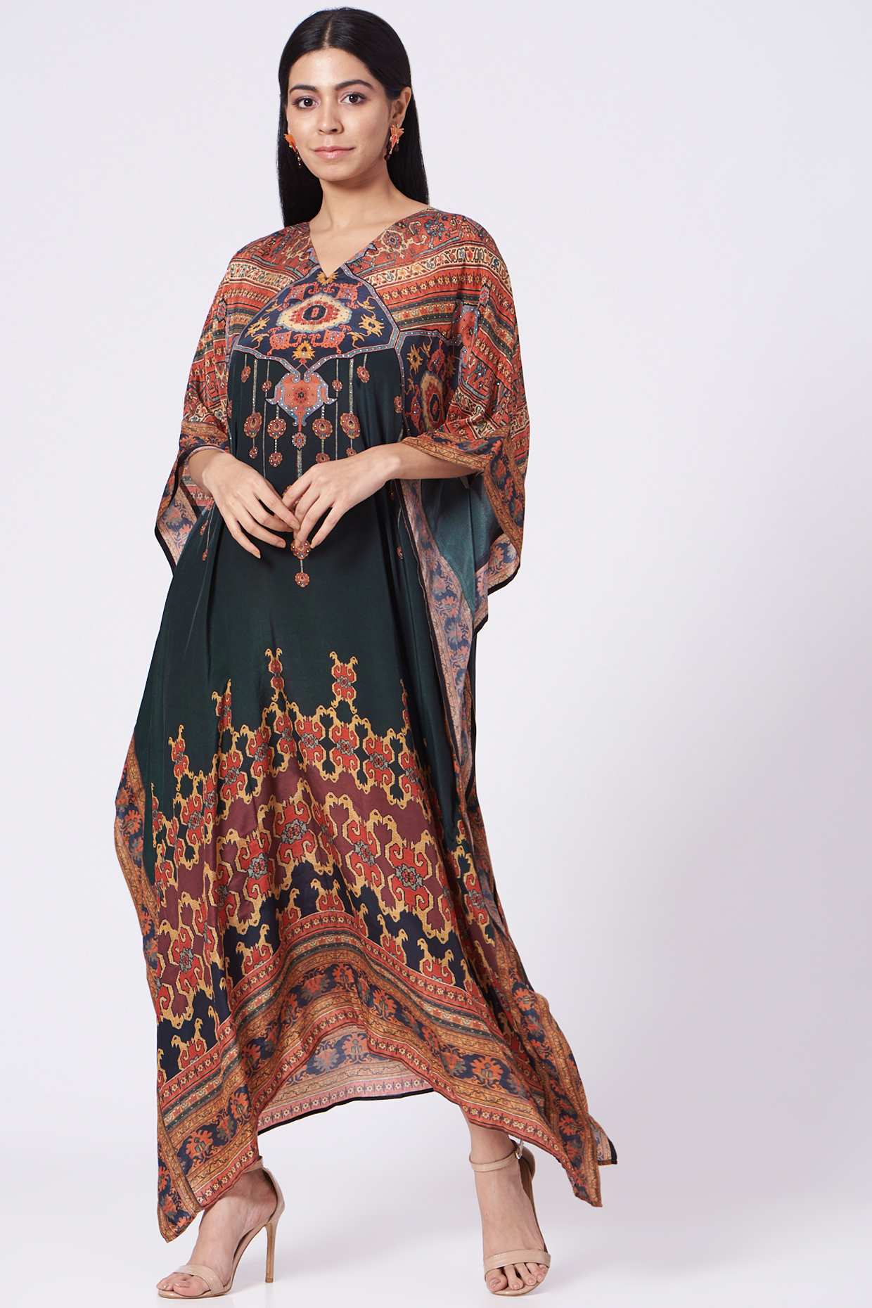 Emerald Green & Red Printed Kaftan by Peenacolada at Pernia's Pop Up Shop