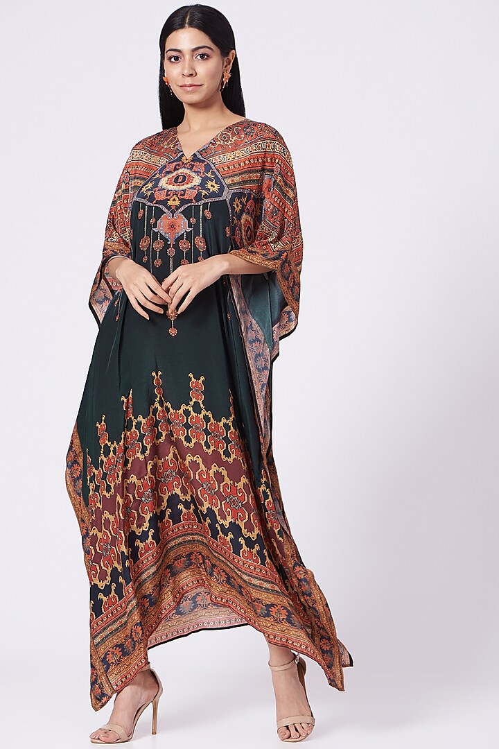 Emerald Green & Red Printed Kaftan by Peenacolada at Pernia's Pop Up Shop