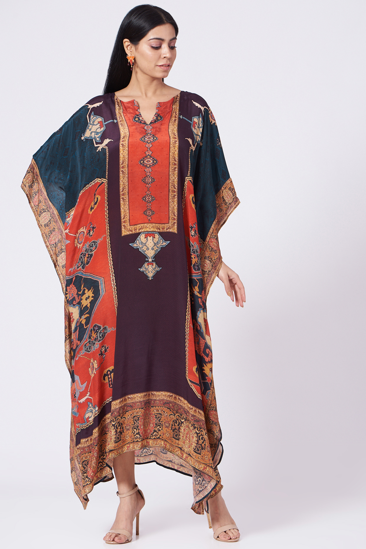 Emerald Green & Orange Printed Kaftan by Peenacolada at Pernia's Pop Up Shop