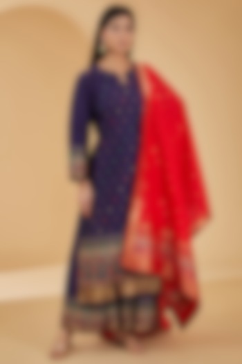 Navy Blue Woven Silk Kurta Set by Peenacolada at Pernia's Pop Up Shop