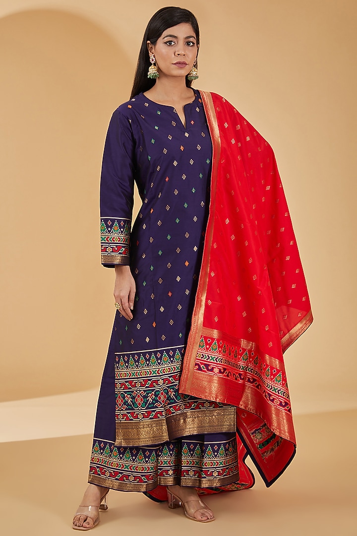 Navy Blue Woven Silk Kurta Set by Peenacolada at Pernia's Pop Up Shop