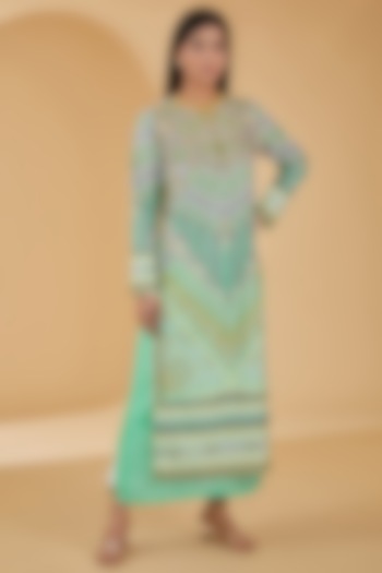 Pistachio Green Pure Crepe Digital Printed & Hand Embroidered Layered Kurta Set by Peenacolada at Pernia's Pop Up Shop