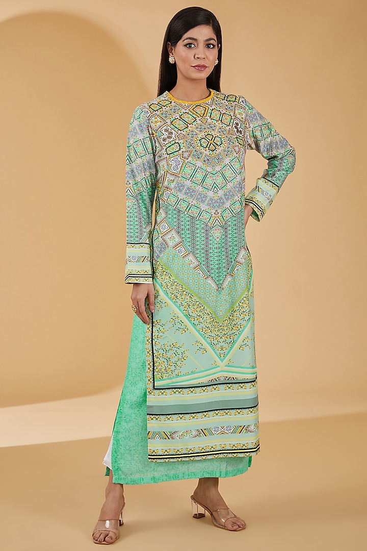 Pistachio Green Pure Crepe Digital Printed & Hand Embroidered Layered Kurta Set by Peenacolada at Pernia's Pop Up Shop