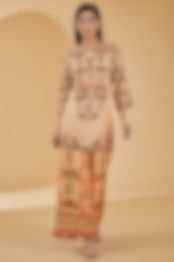 Peach Pure Crepe Digital Printed & Hand Embroidered Short Kurta Set by Peenacolada at Pernia's Pop Up Shop