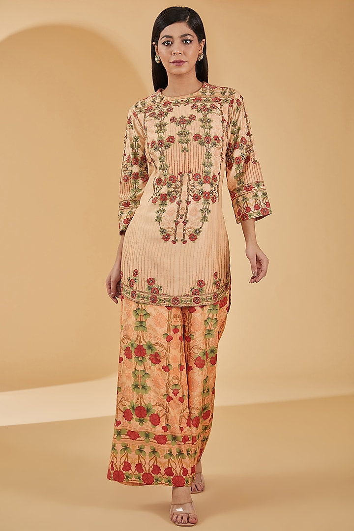 Peach Pure Crepe Digital Printed & Hand Embroidered Short Kurta Set by Peenacolada at Pernia's Pop Up Shop