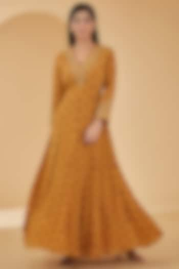 Mustard Pure Crepe Digital Printed & Hand Embroidered Anarkali Gown by Peenacolada at Pernia's Pop Up Shop