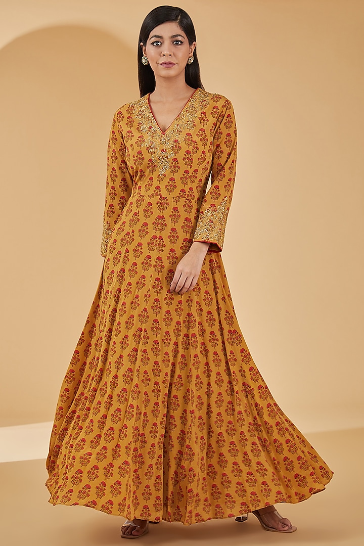 Mustard Pure Crepe Digital Printed & Hand Embroidered Anarkali Gown by Peenacolada at Pernia's Pop Up Shop