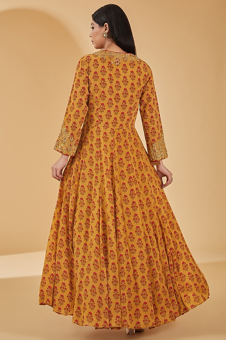 Mustard Pure Crepe Digital Printed & Hand Embroidered Anarkali Party Wear Gown by Peenacolada at Pernia's Pop Up Shop